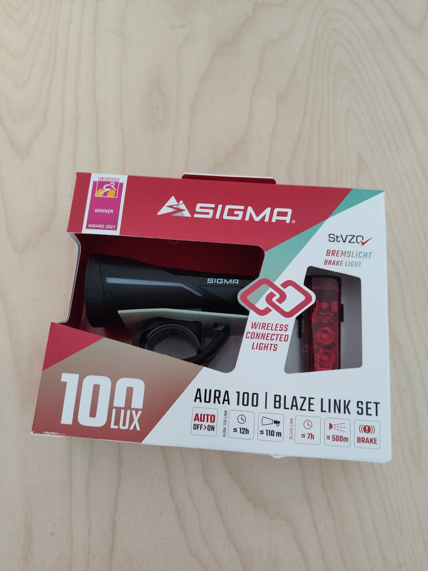 Sigma Aura 100 Frontlampe + Blaze Link Rücklicht / LED-Akku-Beleuchtungs-Set